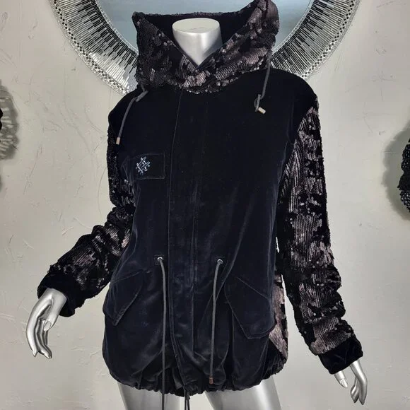 NWT~$2590~MR & MRS ITALY~S/M~BLACK VELVET SEQUIN HOODED PARKA COAT NO FUR